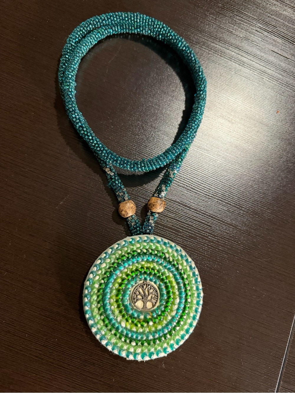 Handcrafted Teal and Green Beaded Tree of Life Necklace